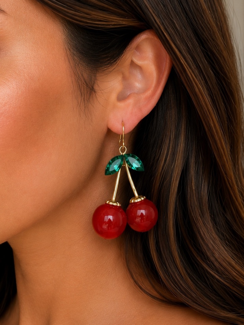 Cherry Drop Earrings in Gold-Tone and Green Leaves